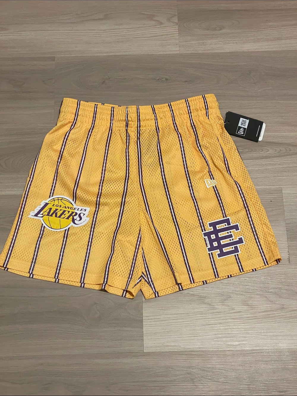 Eric Emanuel New Era LA Lakers Shorts Gold with Purple/White Pinstripes